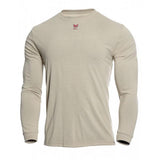 NSA's DRIFIRE FR Lightweight Long Sleeve T-Shirt DF2-CM-446LS in beige, showcasing a small red logo on the upper chest. This plain shirt features advanced odor control and moisture-wicking technology and is displayed against a white background.