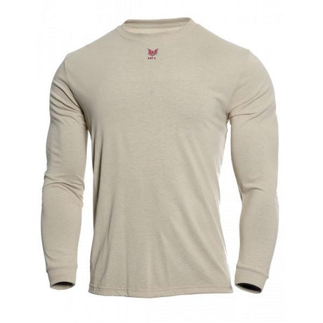 NSA's DRIFIRE FR Lightweight Long Sleeve T-Shirt DF2-CM-446LS in beige, showcasing a small red logo on the upper chest. This plain shirt features advanced odor control and moisture-wicking technology and is displayed against a white background.