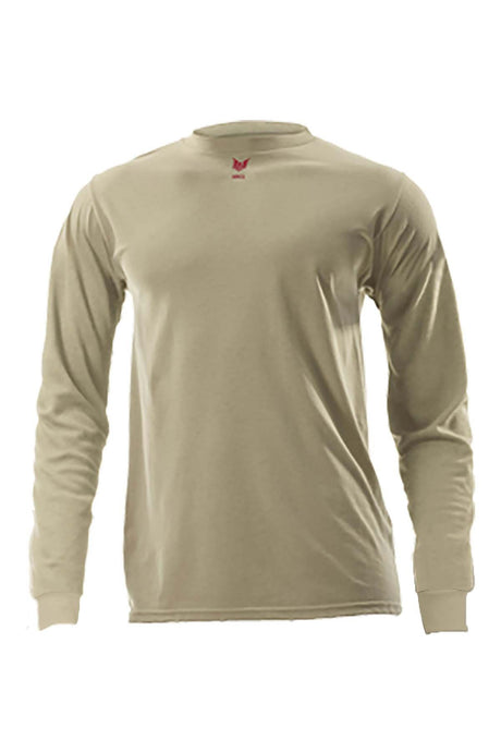 The NSA DRIFIRE FR Lightweight Long Sleeve T-Shirt DF2-CM-446LS in beige is showcased against a plain white background. It incorporates moisture-wicking technology for enhanced comfort and features a round neckline, along with a small red logo on the chest, combining style with functionality.