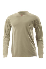 The NSA DRIFIRE FR Lightweight Long Sleeve T-Shirt DF2-CM-446LS is a beige, long-sleeve shirt designed with a round neckline, showcasing a minimalistic style and adorned with a small red logo on the upper chest. Enhanced with moisture-wicking technology, it is presented against a plain white background.