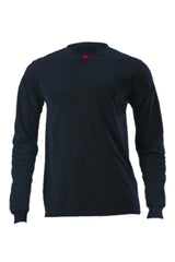 The NSA DRIFIRE FR Lightweight Long Sleeve T-Shirt DF2-CM-446LS showcases a sleek black design with a striking red logo on the chest. It is equipped with moisture-wicking technology for optimal comfort, and its crew neck is set off against a white background.