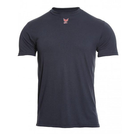 The NSA DRIFIRE Short Sleeve FR Base Layer T-Shirt DF2-CM-446TS by NSA is a plain black short-sleeve T-shirt with a small red butterfly logo near the neckline on the front. It features a round collar and is displayed against a white background.