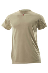 The NSA DRIFIRE Short Sleeve FR Base Layer T-Shirt DF2-CM-446TS, by NSA, is a plain beige short-sleeve t-shirt with a simple crew neck and a small red logo on the upper chest. It provides safety and subtle style in hazardous environments, making it an ideal FR base layer.