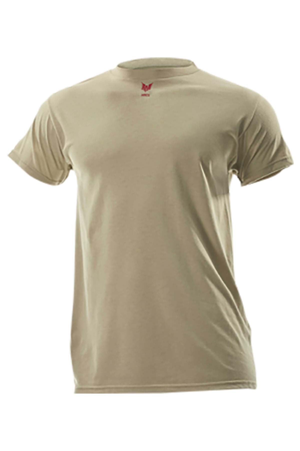 The NSA DRIFIRE Short Sleeve FR Base Layer T-Shirt DF2-CM-446TS offers a plain beige design with short sleeves and a round neckline. Specially crafted for flame resistance, it features a subtle red logo near the collar, presented against a white background to highlight its blend of essential protection and style.