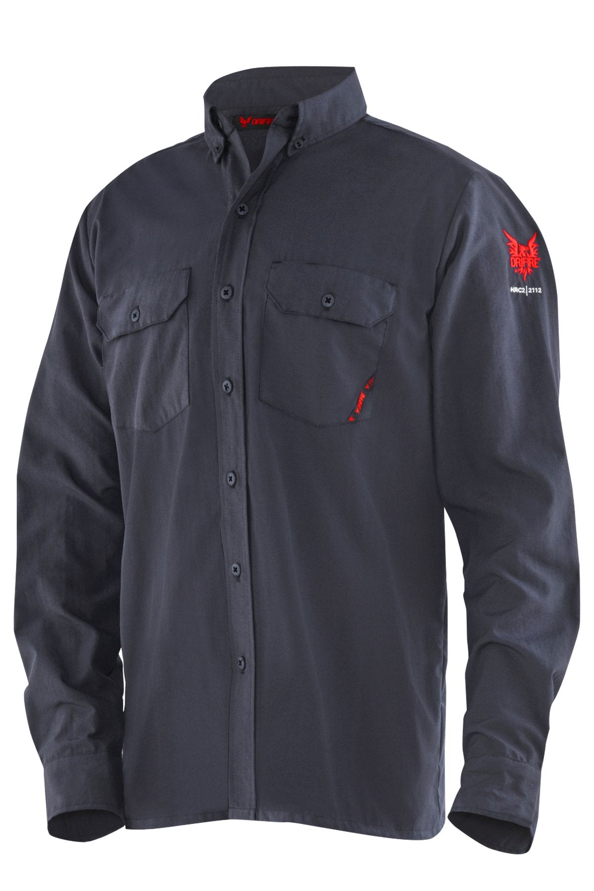 Introducing the NSA DRIFIRE 4.4 FR Work Shirt DF2-CM-450C-LS-NB: This long-sleeved work shirt in dark navy features a button-down front and two chest pockets. It includes red detailing and a logo on the left sleeve, providing reliable flame-resistant arc flash protection for enhanced safety.