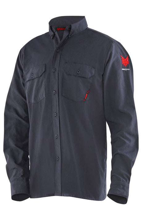 The NSA DRIFIRE 4.4 FR Work Shirt, model DF2-CM-450C-LS-NB, is a dark gray long-sleeve button-up shirt that combines style and safety. It features flame-resistant properties along with two chest pockets and a folded collar, while an embroidered red logo on the sleeve adds a touch of sophistication. Ideal for those looking for a stylish FR work shirt with essential arc flash protection.