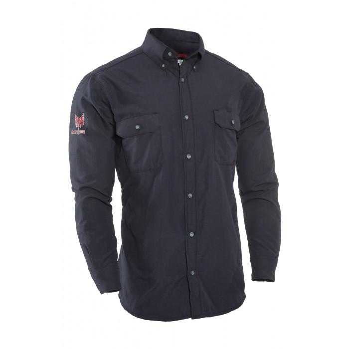 NSA presents the DRIFIRE 4.4 FR Work Shirt (Model DF2-CM-450C-LS-NB), a black, flame-resistant button-up featuring long sleeves and dual chest pockets. A red embroidered logo adorns the left sleeve, highlighting its design. Engineered for durability and offering arc flash protection, this work shirt is displayed upright without any background distractions.