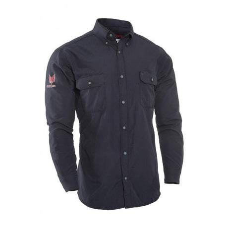 NSA presents the DRIFIRE 4.4 FR Work Shirt (Model DF2-CM-450C-LS-NB), a black, flame-resistant button-up featuring long sleeves and dual chest pockets. A red embroidered logo adorns the left sleeve, highlighting its design. Engineered for durability and offering arc flash protection, this work shirt is displayed upright without any background distractions.