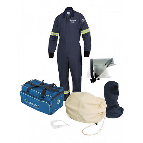 Introducing the NSA AirLite 12 Cal Coverall Kit EN12KTNTNB01: a complete protective gear set that includes a flame-resistant navy blue coverall with reflective stripes. This kit is complemented by a blue carrying bag, hood, protective gloves, safety glasses, and a hooded mask. The coverall offers an impressive arc rating of 12 Cal for enhanced safety.