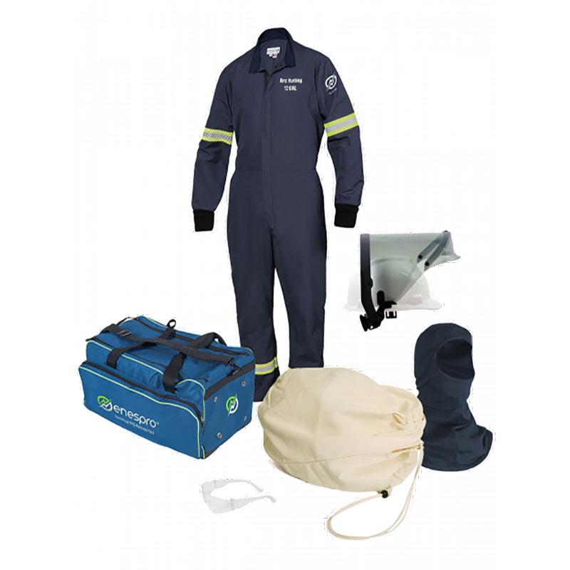 Introducing the NSA AirLite 12 Cal Coverall Kit (EN12KTNTNB01_ _): a comprehensive protective gear set from NSA. This kit includes a flame-resistant navy blue coverall with an arc rating of 12 Cal, featuring high-visibility strips on the sleeves, along with a helmet equipped with a face shield, a dark hood, protective eyewear, and a blue duffel bag showcasing the "enespro" logo.