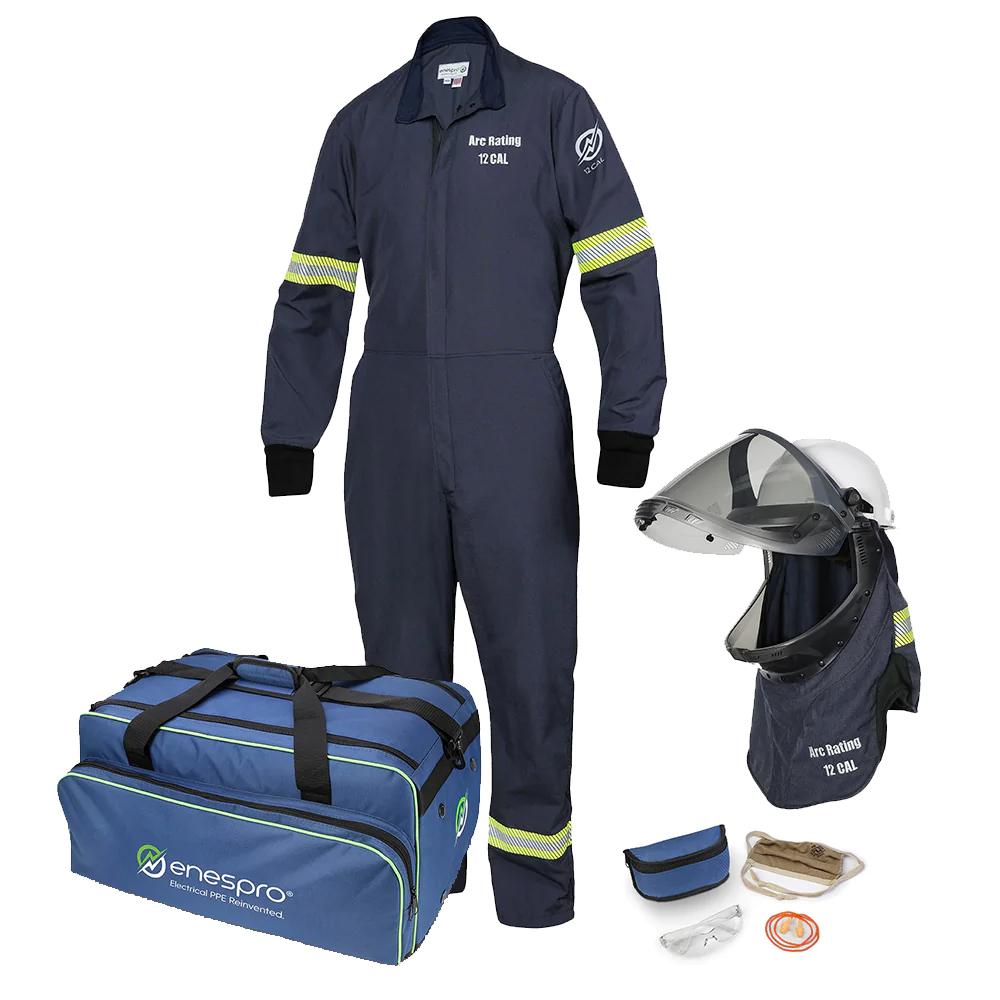 The NSA AirLite 12 Cal Coverall Kit w/Vented Lift Front Shroud includes workwear essentials: a navy blue coverall with reflective stripes, a helmet with visor and neck guard, safety glasses, gloves, and an "NSA" labeled carrying bag—ensuring top-tier safety equipment on the job.