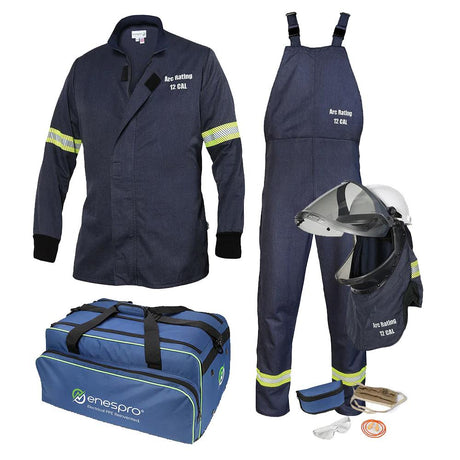 The NSA AirLite 12 Cal Jacket & Bib Overall Kit with Vented Lift Front Shroud includes overalls, a helmet with a vented lift front shroud and face shield, gloves, and comes in a blue "enespro" branded carrying bag. This flame-resistant set features reflective bands and is rated for electrical safety at 12 cal/cm².