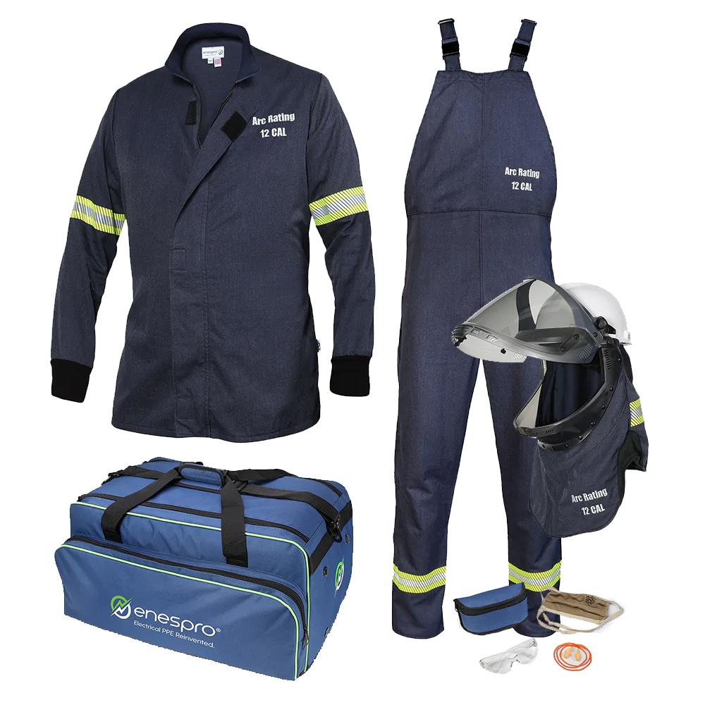 This NSA AirLite 12 Cal Jacket & Bib Overall Kit w/Vented Lift Front Shroud includes flame-resistant navy shirt and overalls featuring reflective stripes, a vented lift front shroud helmet with face shield, gloves, and comes in a blue carrying bag labeled "enespro." The gear is rated Arc Flash 12 CAL.