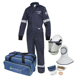 Introducing the NSA 12 Cal Enespro Arc Flash Coverall Kit (EN12KTWUNB01_ _), a comprehensive NFPA 70E compliant kit featuring a navy blue flame-resistant coverall. This kit includes a white helmet with face shield, balaclava, safety goggles, earplugs, and an "enespro" branded blue carrying bag for your arc flash protection needs.