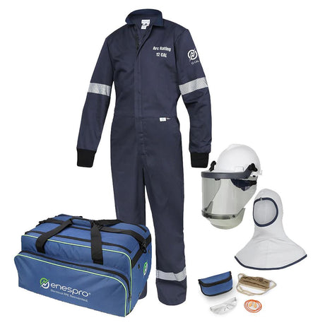 Introducing the NSA 12 Cal Enespro Arc Flash Coverall Kit (EN12KTWUNB01_ _), a comprehensive NFPA 70E compliant kit featuring a navy blue flame-resistant coverall. This kit includes a white helmet with face shield, balaclava, safety goggles, earplugs, and an "enespro" branded blue carrying bag for your arc flash protection needs.