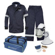 Electrical safety gear set featuring the NSA 12 Cal Enespro Arc Flash Jacket & OverPant Kit in navy blue with reflective stripes, including a white protective helmet with face shield and hood, made from Westex UltraSoft fabric for enhanced protection. The kit also includes safety glasses, gloves, ear protection, and a blue carrying bag labeled "enespro".