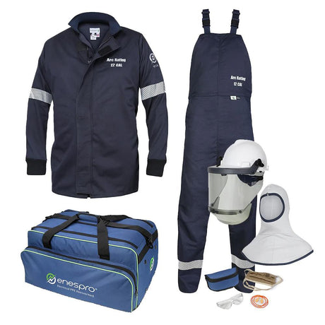 The NSA 12 Cal Enespro Arc Flash Jacket & Bib Overalls Kit, branded by NSA, is a protective gear set for electrical work. It includes a dark blue arc flash jacket crafted from Westex UltraSoft material to ensure compliance with NFPA 70E standards. Additionally, it comes with overalls, a helmet featuring a face shield, gloves, safety glasses, earplugs, and a blue carrying bag labeled "Enespro.