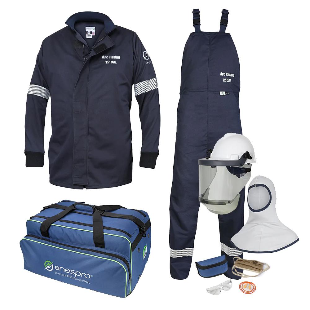 An NSA 12 Cal Enespro Arc Flash Jacket & Bib Overalls Kit in navy blue, which includes a Westex UltraSoft Arc Flash Jacket, overalls, helmet with visor, gloves, hood, ear protection, and safety glasses. The set comes with a blue Enespro labeled carrying bag.