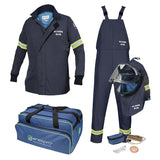 This flame-resistant NSA 40 CAL AirLite ArcFlash Kit comes with a vented lift-front hood, hard hat, navy blue jacket, bib overalls, gloves, safety glasses, and a storage bag. Featuring an "Arc Rating 40 CAL," this gear prominently showcases the "NSA" logo.