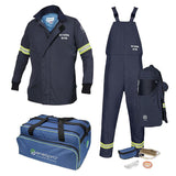 The NSA 40 CAL Enespro AirLite Arc Flash Kit with Dual Fan Hood features flame-resistant clothing, including a navy jacket and overalls with reflective stripes. It also includes a utility bag, safety gloves, goggles, and a face shield. The "Enespro" branded bag and clothing are proudly made in the USA and display the text "Arc Rating 40 CAL.