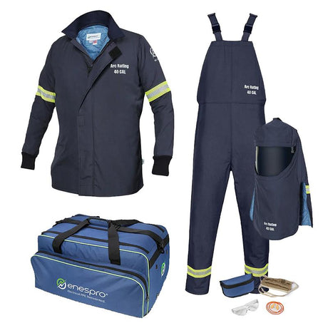 Discover unparalleled safety with the NSA 40 CAL Enespro AirLite Arc Flash Kit with Standard Hood by NSA. This flame-resistant protective equipment set includes a dark blue jacket and overalls accented with yellow reflective stripes. The kit is complete with accessories such as a face shield, safety glasses, gloves, ear protection, and an "enespro" carrying bag. With an arc rating of 40 CAL, it ensures robust protection.