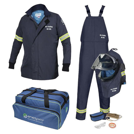 Introducing the NSA AirLite 40 CAL Arc Flash Kit, which includes a navy jacket and overalls with reflective stripes. This comprehensive set comes equipped with a vented lift front hood featuring a protective visor, gloves, safety glasses, ear protection, and a convenient duffel bag. The text displays "Arc Rating 40 CAL" alongside the brand "NSA." Designed using DRIFIRE Fabric for enhanced safety.