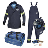 Introducing the NSA AirLite 40 CAL Arc Flash Kit with Vented Lift Front Hood & Rear Fan, a comprehensive set featuring flame-resistant DRIFIRE fabric. This kit includes a jacket, overalls, helmet with face shield, gloves, safety glasses, and a convenient carrying bag. Each component is marked with an "Arc Rating 40 CAL" and equipped with safety stripes to ensure maximum protection.