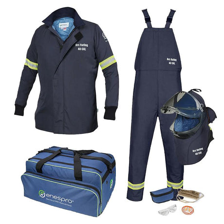 Introducing the NSA AirLite 40 CAL Arc Flash Kit, which includes a vented lift front hood with dual rear fans, a flame-resistant navy jacket and overalls with an "Arc Rating 40 CAL," a helmet with face shield, gloves, safety goggles, and a carrying bag marked with "enespro." All items are showcased on a pristine white background.