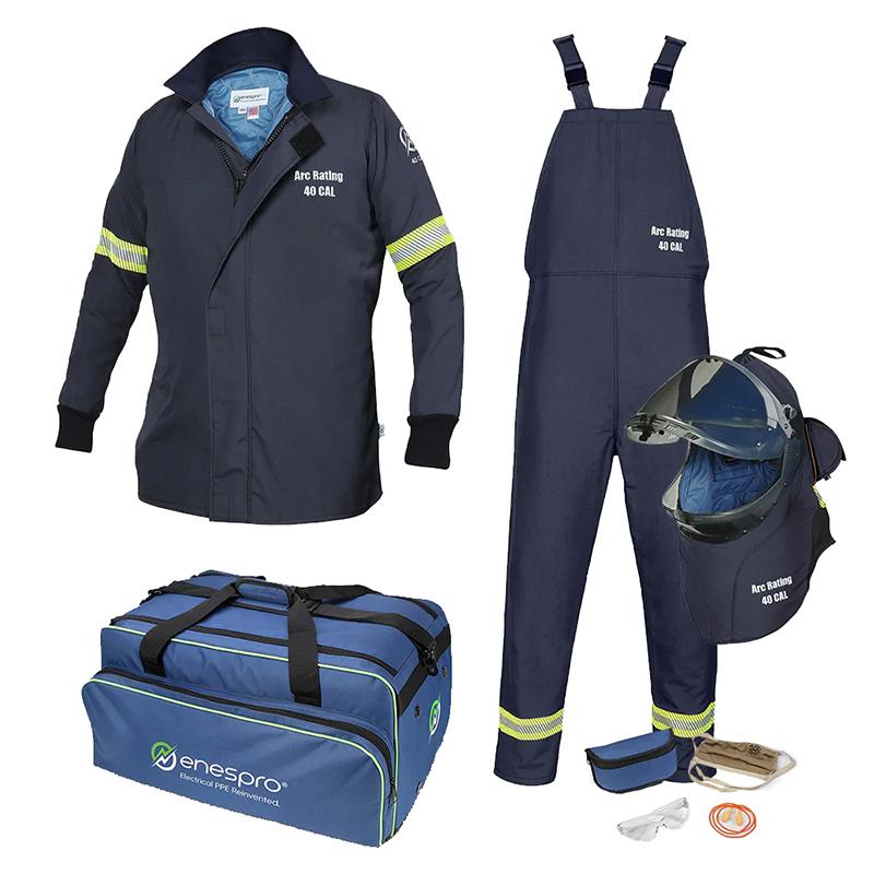 The NSA AirLite 40 CAL Arc Flash Kit w/Vented Lift Front Hood & Dual Rear Fans includes a flame-resistant gear set, featuring a navy jacket and overalls with reflective strips. The kit comes with an AirLite helmet equipped with a face shield, gloves, safety goggles, ear protection, a small pouch, and a branded blue bag. The garments display an "Arc Rating 40 CAL.