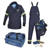 The NSA AirLite 40 CAL Arc Flash Kit w/Vented Lift Front Hood & Dual Rear Fans provides top-tier electrical safety. It includes a dark blue flame-resistant jacket, overalls, and a helmet with an integrated face shield. The kit comes with accessories such as gloves, goggles, and an AirLite blue Enespro branded duffel bag for easy storage.