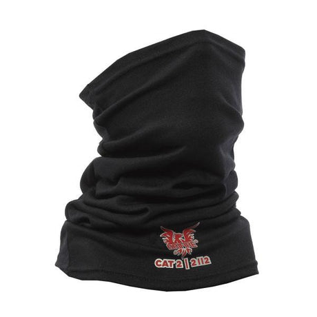 The NSA TECGEN FR CAT 2 Neck Gaiter H019NTCG features a black design adorned with a red dragon emblem and the text "CAT 2 | 2112" at the bottom. Made by NSA, it is crafted from a flame-resistant modacrylic blend, and its gathered fabric offers a stretchy and versatile style ideal for various outdoor activities.