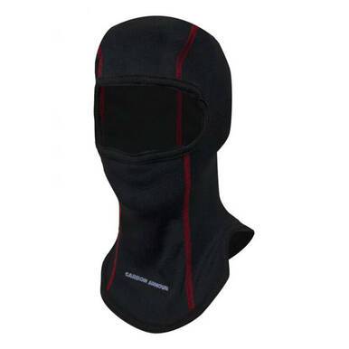 The NSA CARBON ARMOUR FR Balaclava H100CX is designed with a flame-resistant feature, showcasing red stitching details on its black fabric. It covers the entire face and neck while leaving an opening for the eyes, and its stretchy material provides a snug, fitted feel.