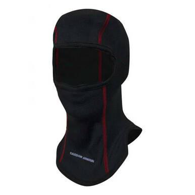 The NSA CARBON ARMOUR FR Balaclava H100CX features an eye-opening, black hue with red stitching and is made from thick fabric designed for complete face and neck coverage. It is flame resistant, making it ideal for outdoor activities or cold weather conditions. The text "CARBON ARMOUR" is displayed at the bottom.