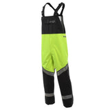 Introducing the NSA HYDROlite FR 2.0 Extreme Weather Bib Overall, a pair of high-visibility, waterproof bib trousers with black and neon yellow panels. These overalls feature reflective strips and adjustable shoulder straps, designed by NSA for outdoor work settings to enhance visibility, safety, and durability.