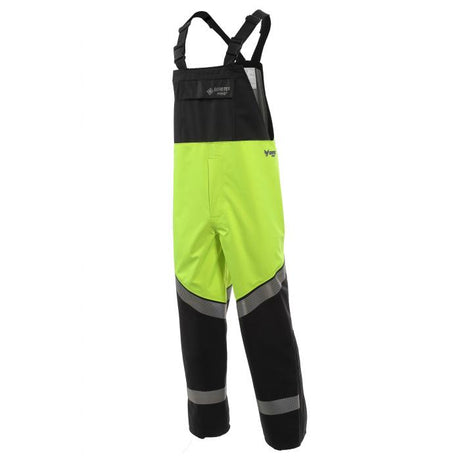 The NSA HYDROlite FR 2.0 Extreme Weather Bib Overall by NSA comes in a bright yellow and black color scheme, featuring waterproof materials with adjustable shoulder straps and reinforced knee patches for durability. The bib overalls incorporate GORE-TEX PYRAD technology for arc flash protection and reflective elements to improve visibility, making them perfect for outdoor work or activities.