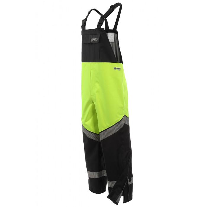 The NSA HYDROlite FR 2.0 Extreme Weather Bib Overall, in bright yellow and black, features reflective stripes and adjustable straps. It includes the brand logo on the chest and is designed for high visibility in work environments, incorporating GORE-TEX PYRAD for enhanced arc flash protection.