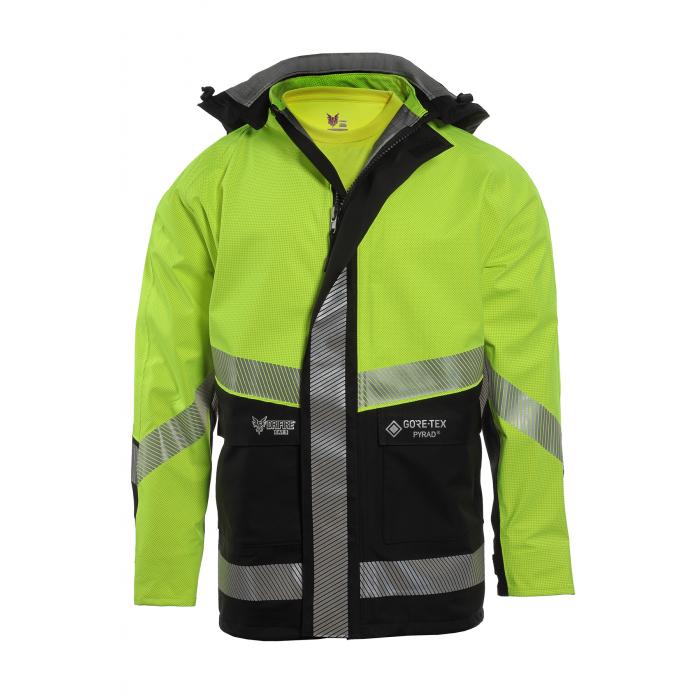 The NSA HYDROlite FR 2.0 Extreme Weather Jacket, from the brand NSA, is a high-visibility jacket in bright lime green and black, perfect for foul weather. It includes reflective silver stripes across the chest, sleeves, and waist. The jacket features a hood, arc flash protection, and multiple pockets for convenience.