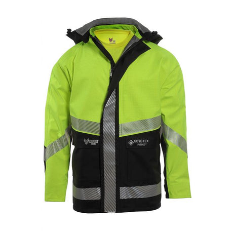 The NSA HYDROlite FR 2.0 Extreme Weather Jacket, from NSA, boasts a bright yellow-green and black design with reflective strips and a GORE-TEX PYRAD label on the front. This foul weather gear is equipped with a hood and features a zippered front closure, providing outstanding protection against harsh elements.