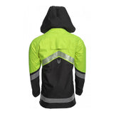 The NSA HYDROlite FR 2.0 Extreme Weather Jacket by NSA features a black hood and back, complemented by neon green shoulders and upper back. It includes reflective silver stripes on the sleeves, waist, and back for enhanced visibility. Designed as foul weather gear, this jacket also sports a small emblem on the lower back for extra style.