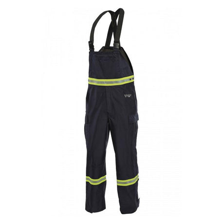 Introducing the NSA HYDROflash FR Foul Weather Bib (HYDROFLASHB-N), designed with flame-resistant material in sleek black. This bib features reflective yellow trim around the chest and legs, adjustable straps, and convenient pockets. The setting is against a white background.