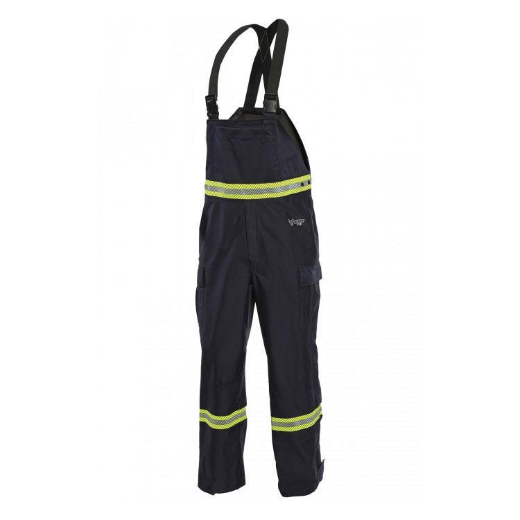 The NSA HYDROflash FR Foul Weather Bib (HYDROFLASHB-N) is a pair of dark blue, flame-resistant safety overalls featuring reflective yellow stripes on the thighs and chest. The bibs come with adjustable black straps, multiple pockets, and reflective trim to enhance visibility.