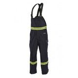 The NSA HYDROflash FR Foul Weather Bib (HYDROFLASHB-N) is a pair of dark blue, flame-resistant safety overalls featuring reflective yellow stripes on the thighs and chest. The bibs come with adjustable black straps, multiple pockets, and reflective trim to enhance visibility.