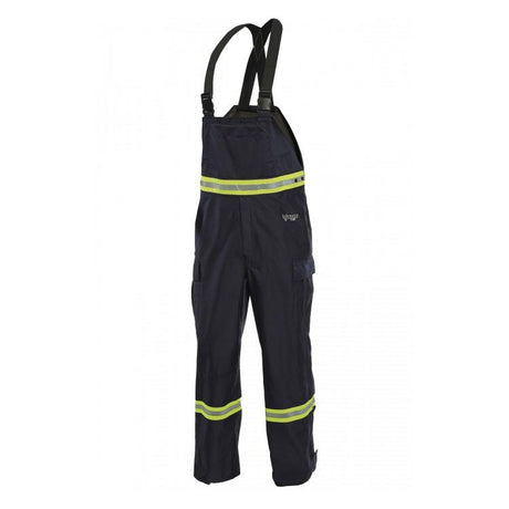 The NSA HYDROflash FR Foul Weather Bib HYDROFLASHB-N by NSA features a dark blue design with adjustable black suspenders, waterproof and flame-resistant fabric, and is enhanced with reflective yellow-green stripes for greater visibility on the chest, waist, and lower legs.