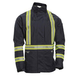 The NSA HYDROflash FR Foul Weather Jacket, in black with reflective yellow stripes across the shoulders, chest, and sleeves, ensures both visibility and safety. Designed specifically for arc flash protection, this jacket features multiple front pockets and a high collar, making it ideal for various outdoor activities.