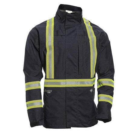 The NSA HYDROflash FR Foul Weather Jacket, model HYDROFLASHJ-N-_ _, is a black flame-resistant jacket featuring bright yellow reflective stripes on the front and sleeves. It has a high collar and multiple pockets, designed for enhanced visibility in low-light conditions while providing arc flash protection for improved safety.