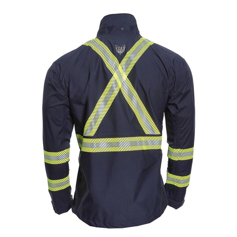 Introducing the NSA HYDROflash FR Foul Weather Jacket (HYDROFLASHJ-N), a flame-resistant jacket in dark blue, featuring yellow reflective stripes forming an X on the back. Made from GORE-TEX PYRAD, this jacket is designed with long sleeves and includes additional reflective bands around the arms and waist for improved safety. An emblem on the upper back ensures enhanced arc flash protection.