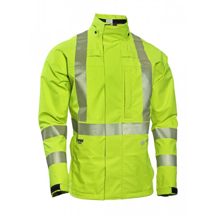 The NSA HYDROflash FR Foul Weather Jacket in fluorescent yellow is designed for high visibility with reflective trim and silver stripes across the chest, arms, and waist. It features waterproof material, a high collar, front pockets, and adjustable cuffs.