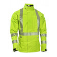 Introducing the NSA HYDROflash FR Foul Weather Jacket in Fluorescent Yellow by NSA. This waterproof high-visibility jacket is designed for optimal safety with reflective silver stripes across the chest, waist, and sleeves. Featuring a front zipper and collar to enhance visibility, it ensures protection in various conditions with its integrated reflective trim.