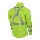 The NSA HYDROflash FR Foul Weather Jacket in fluorescent yellow features a high collar and long sleeves, enhanced with reflective trim and silver stripes crossing at the back and along the arms. This waterproof jacket ensures high visibility and safety in low-light conditions.
