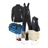 Introducing the NSA HRC4 Kit Arc 40 Indura Ultra Soft (With Gloves) by NSA. This electrical safety gear kit includes an NFPA 70E compliant black jacket, overalls, hood, and safety gloves—all conveniently packed in a blue carrying bag. Additionally, it comes with a protective face shield. The glove box is labeled with the reminder, "Always Wear Your Gloves." Perfect for arc flash protection.